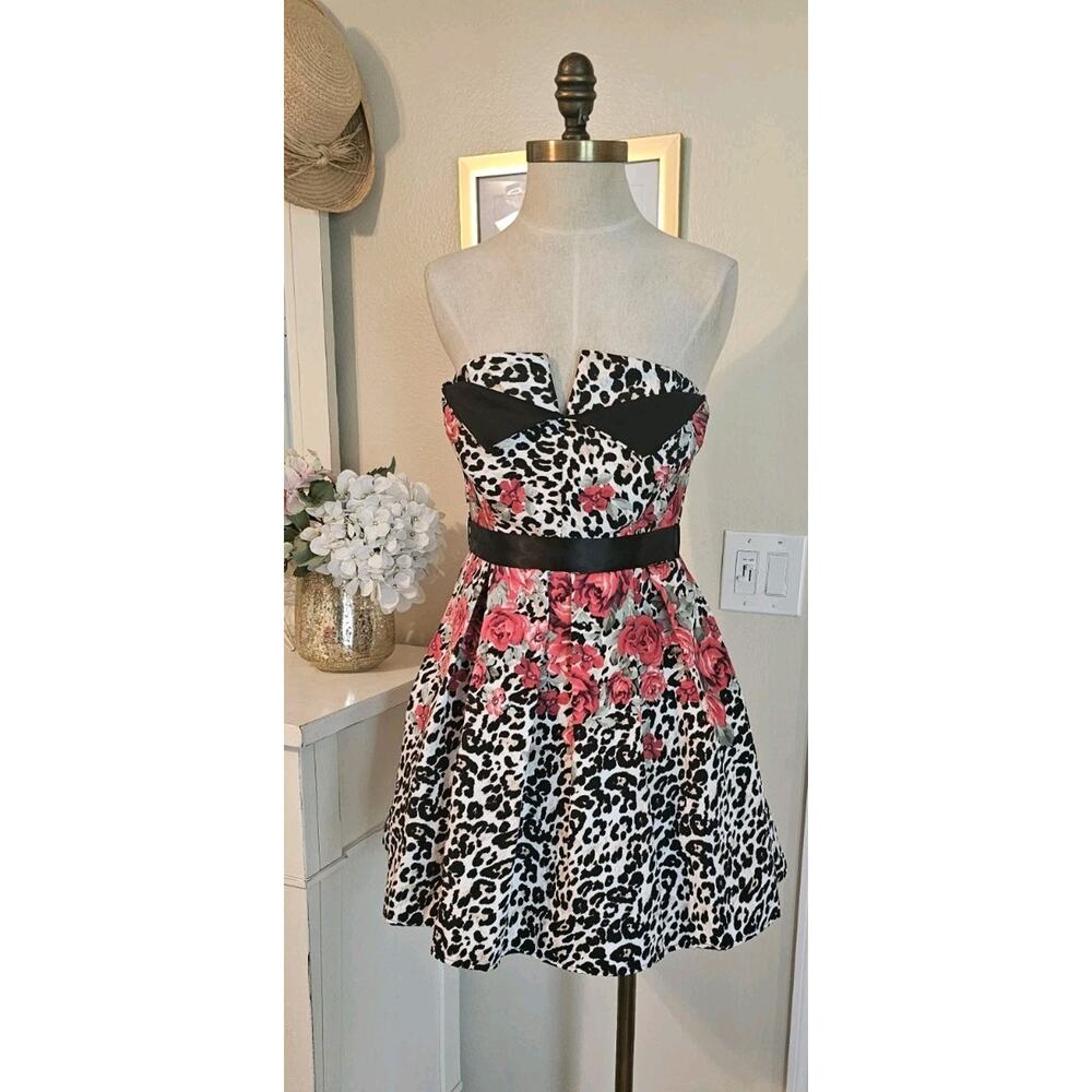 NWT Teeze Me Womens Juniors Animal Print Floral Strapless Party Dress 9/10